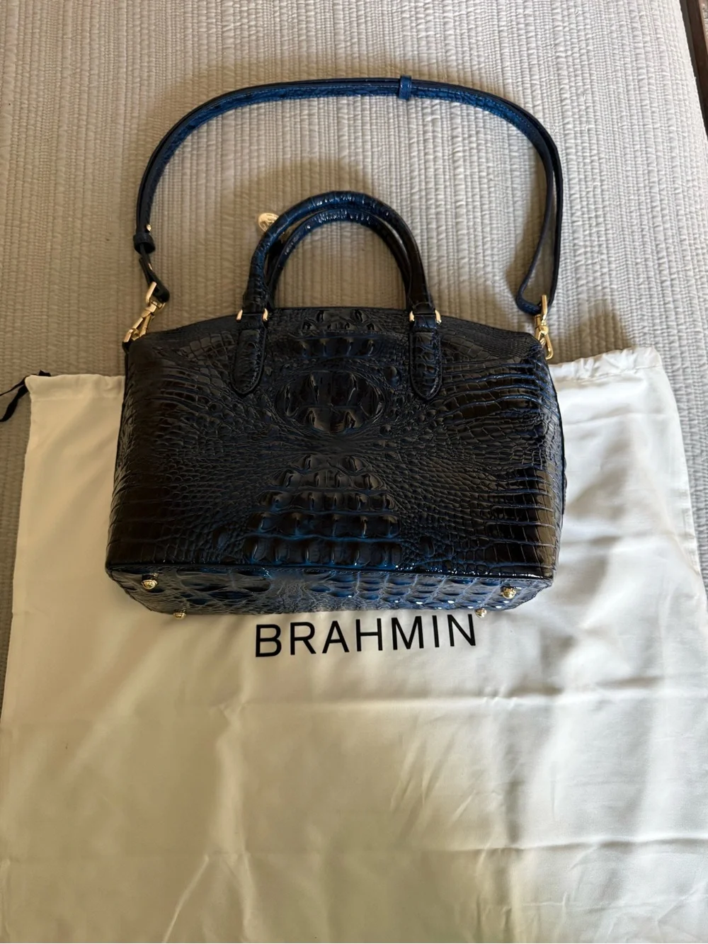Brahmin Shiny Blue Croc-Embossed Tote with Gold Accents
